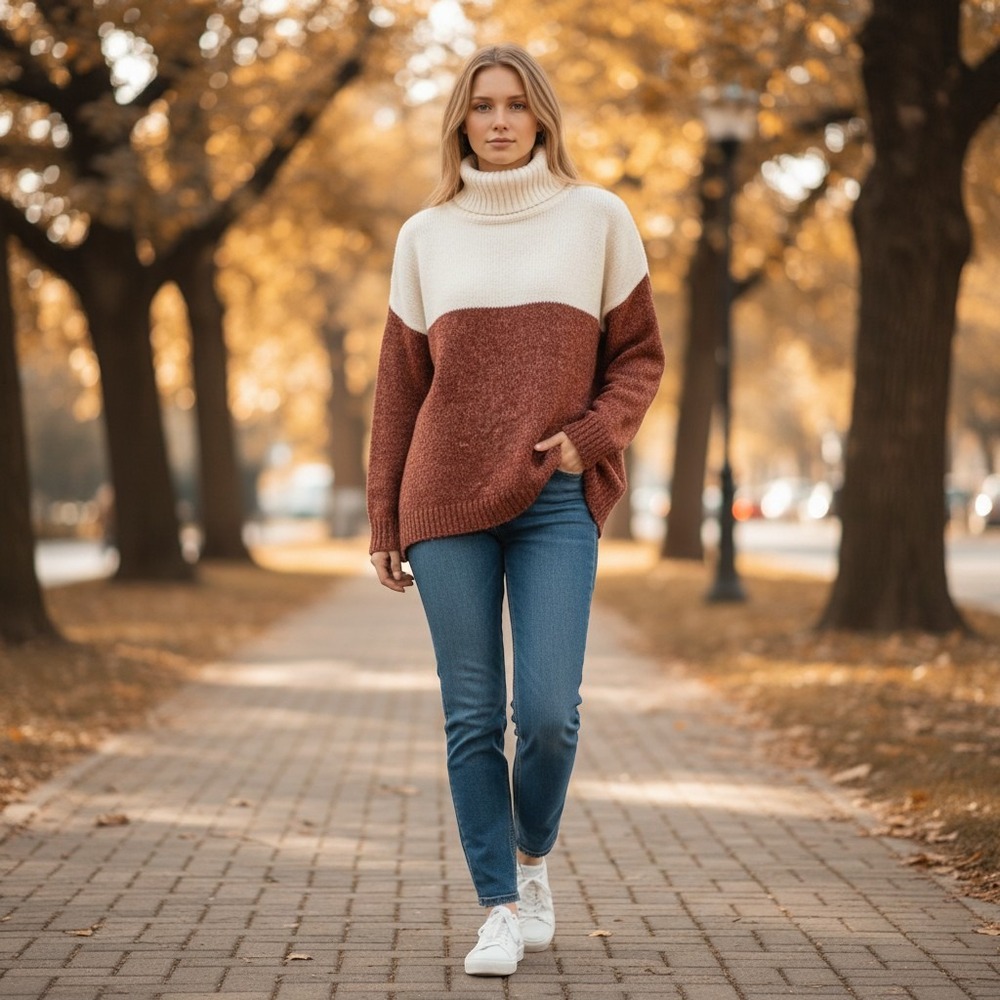 Oceanus Women Turtleneck Sweater M Cream Rust Colorblock Knit Cozy Cabin Slouchy